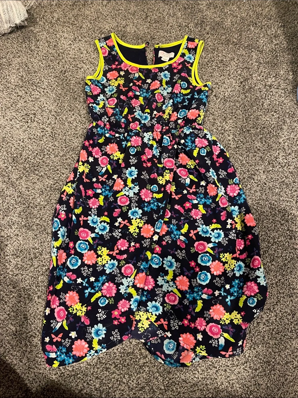The Children's Place Navy Floral Sleeveless Dress with Neon Yellow Trim